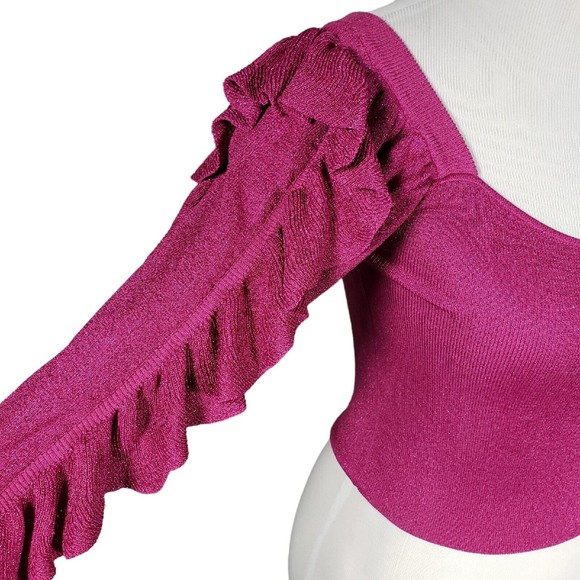 Zara Magenta Metallic Knit Ruffled Sleeve Short Top Women's Size Small - Picture 3 of 8
